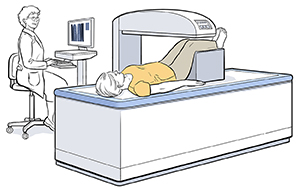 Technician preparing woman for bone density scan.