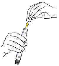 Hands removing cap from epinephrine autoinjector.