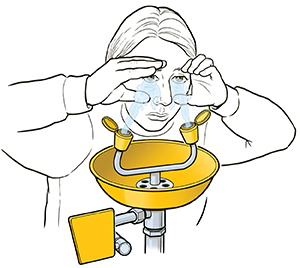 Person flushing eyes with water at eye wash station.